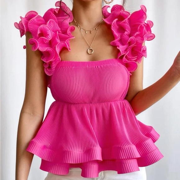 Hot Pink Ruffle Peplum Top Blouse Shirt - Picture 5 of 6